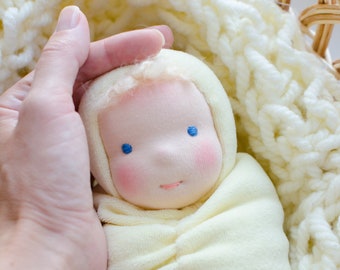 Waldorf baby doll opened eyes blond hair doll 11" Swaddled Waldorf doll soft Natural Doll Ivory color Waldorf inspired Cuddle doll