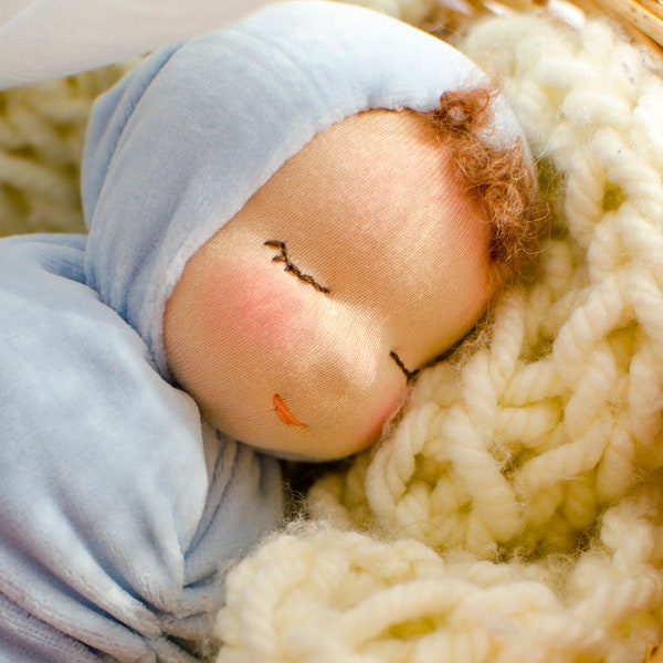 Waldorf doll for sleep Baby doll boy with closed eyes 11" Cuddle doll Bedtime doll  soft doll Natural Doll Light blue color