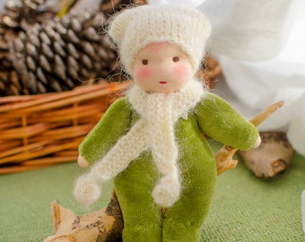Waldorf Small doll 6,5 inches Pocket doll for dollhouse Soft doll for toddler Green colour cotton velour Fluffy hat gift