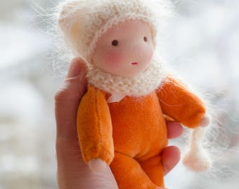 Waldorf Small doll 6,5 inches Pocket doll for dollhouse Soft doll for toddler Ginger colour cotton velour Fluffy hat gift