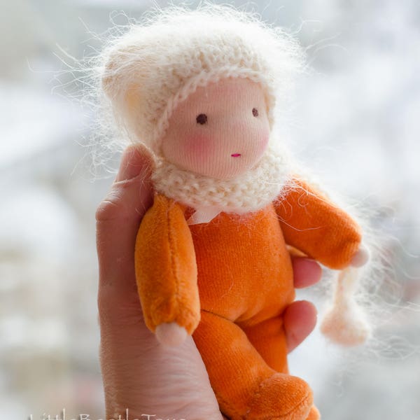 Waldorf Small doll 6,5 inches Pocket doll for dollhouse Soft doll for toddler Ginger colour cotton velour Fluffy hat gift