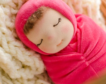 Waldorf doll for sleep Baby doll with closed eyes 11" Cuddle doll Bedtime doll  soft doll Natural Doll Hot pink color