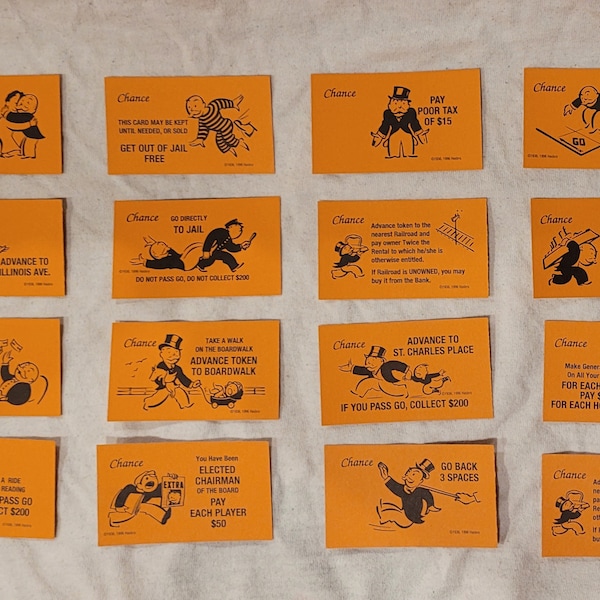 Monopoly Chance and Community Chest and House Rule Cards Replacement Cards