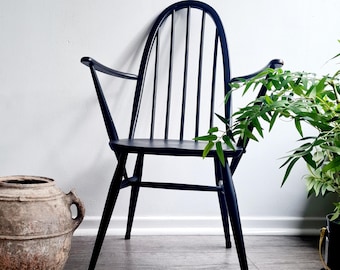 ERCOL WINDSOR Sprossenstuhl vintage design Stuhl schwarz Bauhausstil Patina Polster Esszimmer Schreibtisch Einzelstuhl selten made in UK