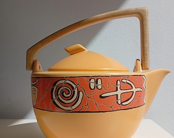 WÄCHTERSBACH PASIEGA Keramik Teekanne Holzgriff vintage terrakotta orange Dekor abstrakt Deko