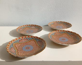 Vintage Mino Ware Porcelain Coasters: Japanese Kenjo Gold Accent Plates, Set of 4