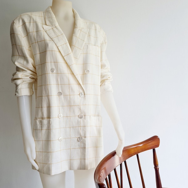 ESCADA Blazer by MARGARETHA LEY vintage Designer Jackett made in Germany kariert cremeweiß beige braun Gratis original Escada Kleiderbügel