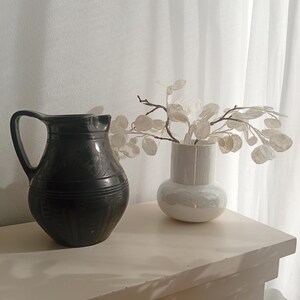 May include: A dark charcoal black ceramic pitcher with a curved handle and subtle etched floral patterns on the body, positioned next to a smooth white ceramic vase containing a delicate branch with translucent, round, paper-like leaves.