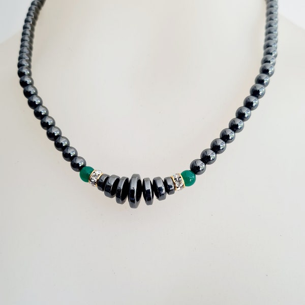 HÄMATIT Perlen 6mm Halskette Vintage Collier grau Kristalle Ziersteine grau grün Gold selten