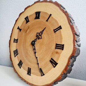 May include: A wooden clock with Roman numeral markings on a natural wood slice with bark around the edge.