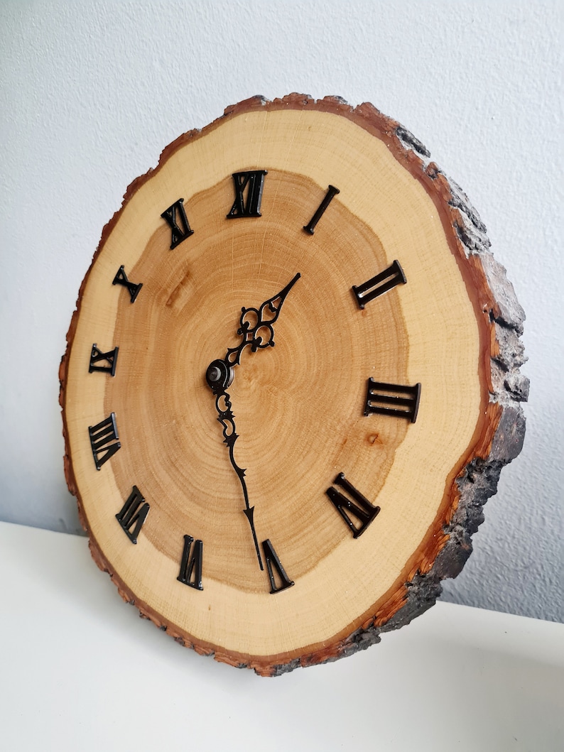 May include: A wooden clock with Roman numeral markings on a natural wood slice with bark around the edge.