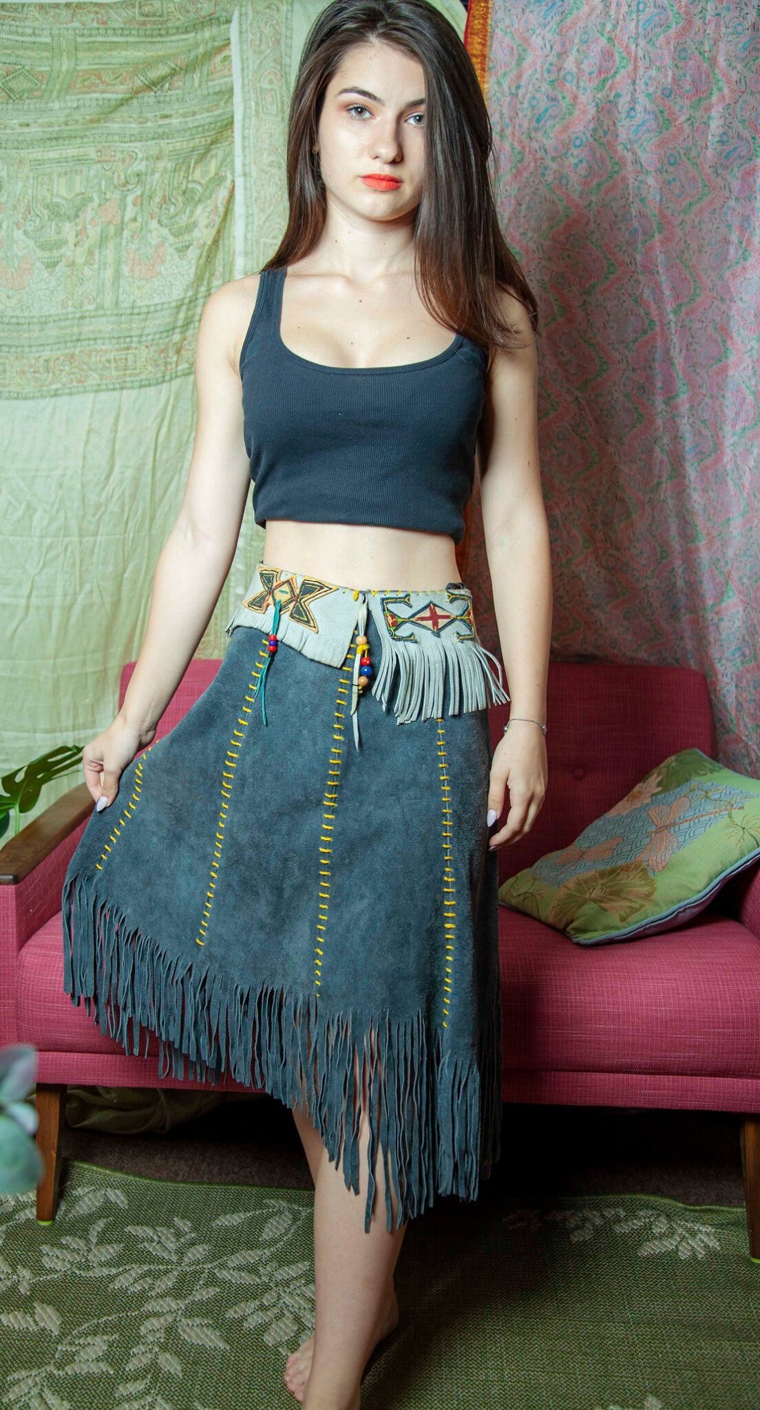 Vintage Beaded Fringe Skirt Mid Century 50s Suede Native American Xs 6/ ...