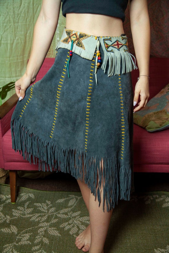Vintage beaded fringe skirt Mid century 50s suede… - image 8