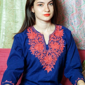 navy blue embroidered kaftan top india 70s style vintage xs 6/8