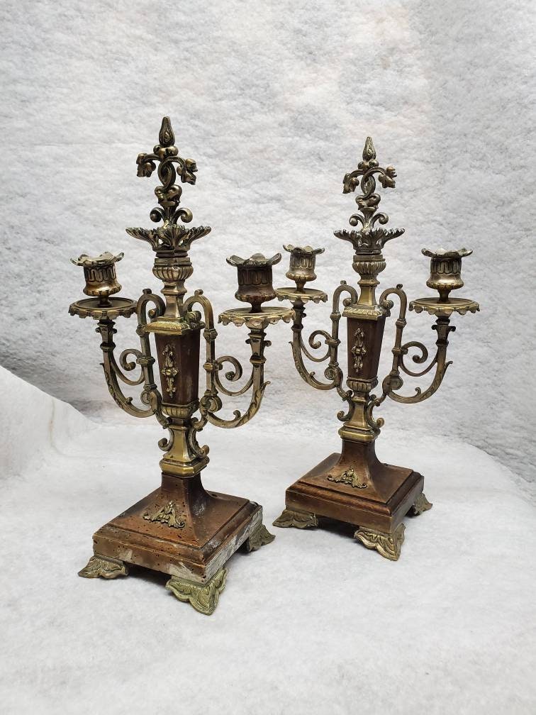 A Pair Of Majestic Gothic Candlestick/Metal & Wood Candle Holders Home Decor M