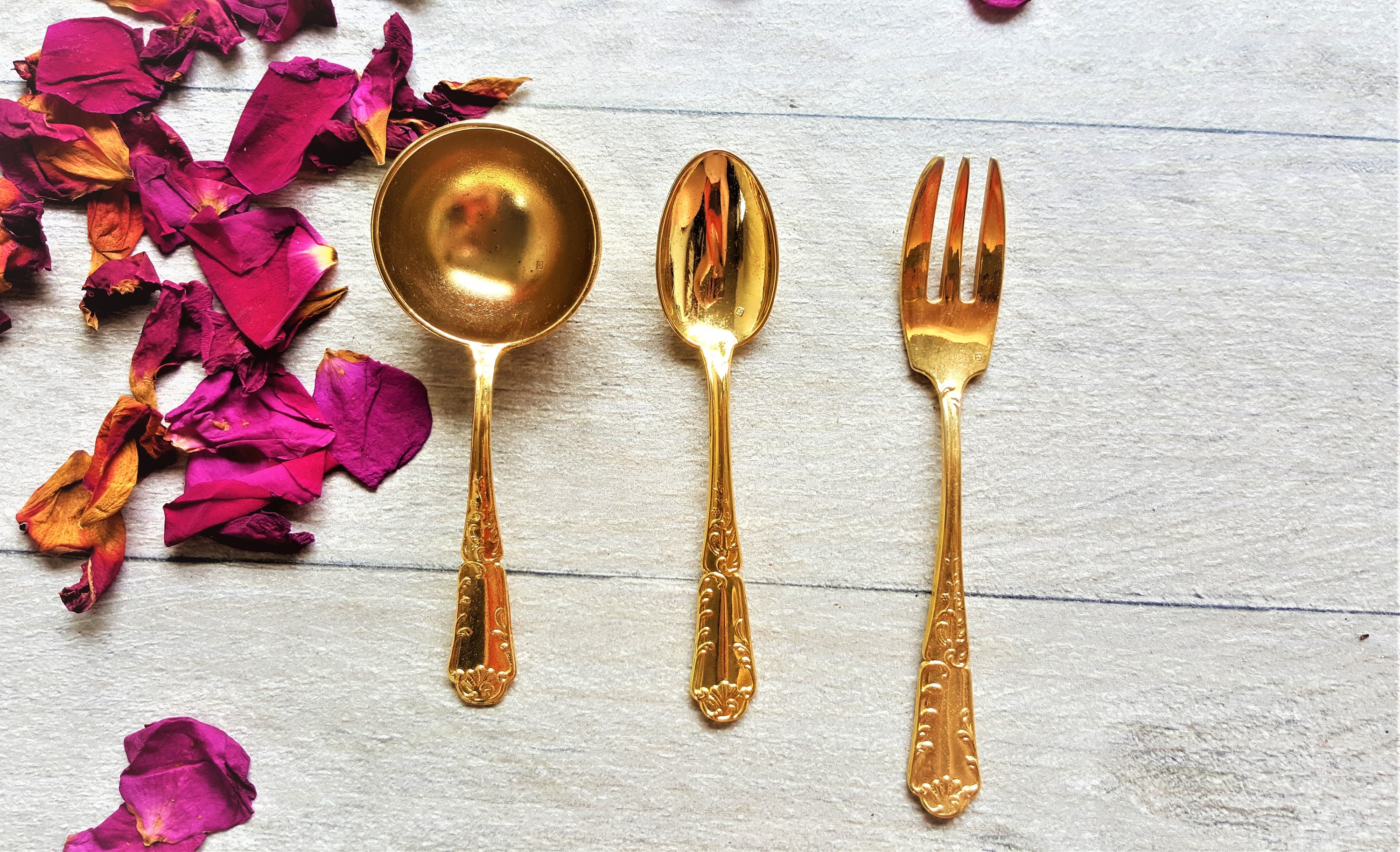 French Jh Gold Plated Dessert Serving Spoons & Forks For 10 Persones/Ice Cream-Mousse Server/Jh Orna
