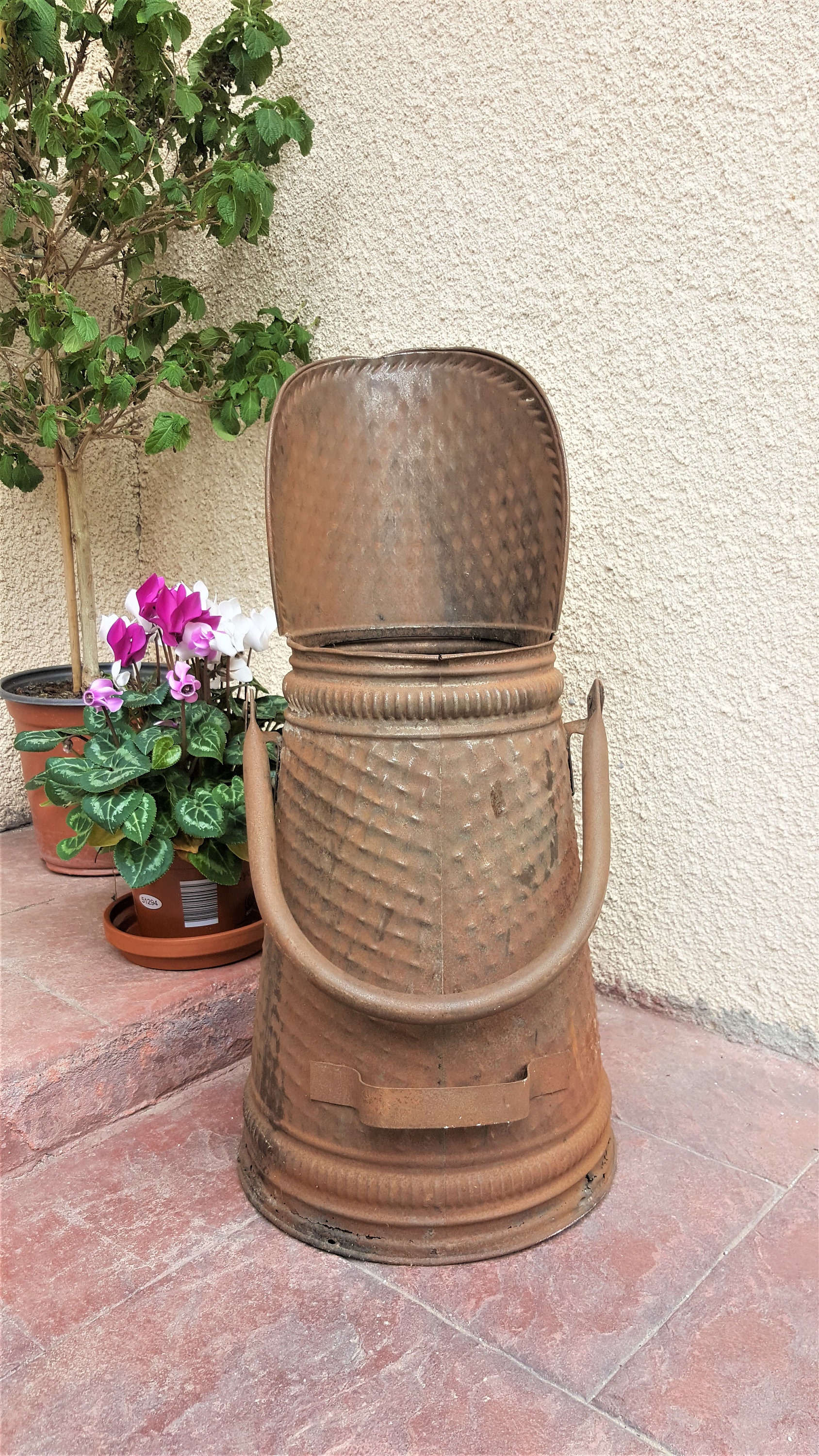 Vintage Metal Coal Bucket Hammered Brass