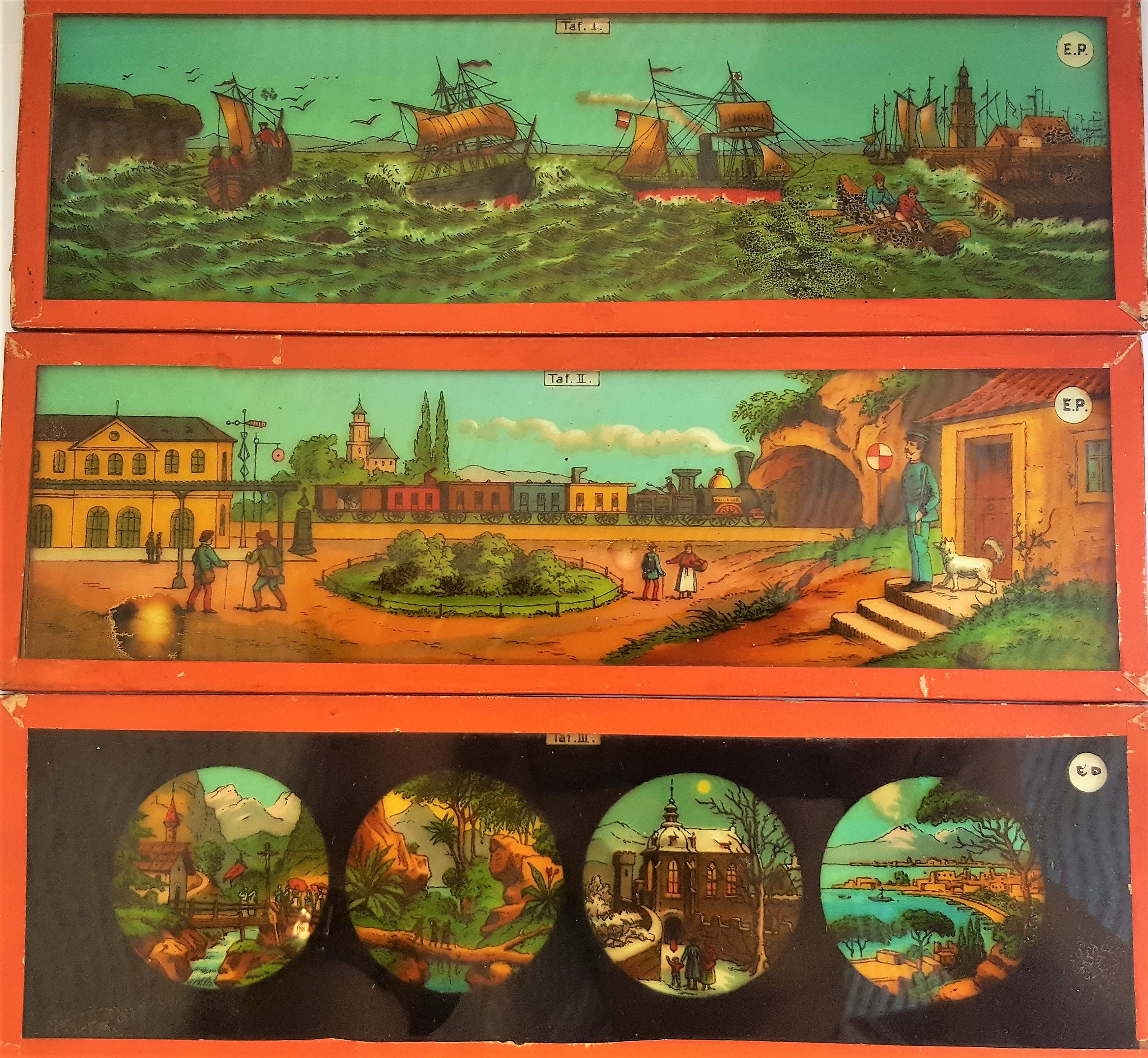 Lantern Slides/Set Of 11 Antique French Multicolored Lantern Slides