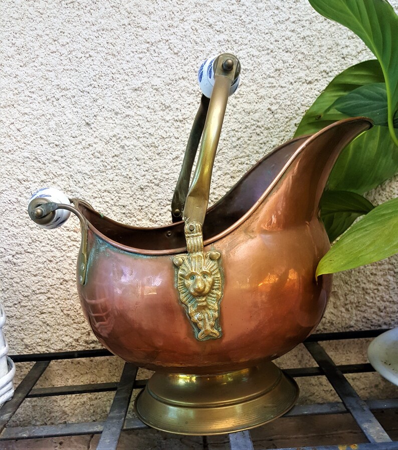 French Vintage Small Copper Bucket With Copper and Two Ceramic Handles