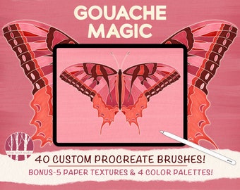 May include: A digital illustration of a butterfly with pink and red wings on a pink background. The text "GOUACHE MAGIC" is at the top of the image. The text "40 CUSTOM PROCREATE BRUSHES! BONUS-5 PAPER TEXTURES & 4 COLOR PALETTES!" is at the bottom of the image.