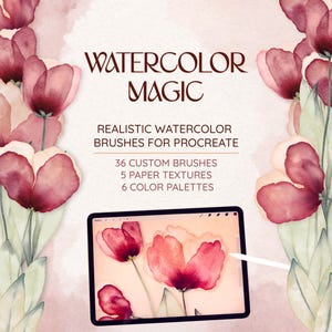 Realistische Aquarell-Pinsel, Paletten und Papiertexturen für Procreate – Watercolor Magic ist ein digitales Pinselset zum Herunterladen für das iPad.