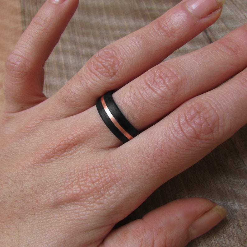 7 year anniversary gift for husband Hypoallergenic wooden jewelry for men Matte black wedding band for him Dark Eucalyptus and Copper
