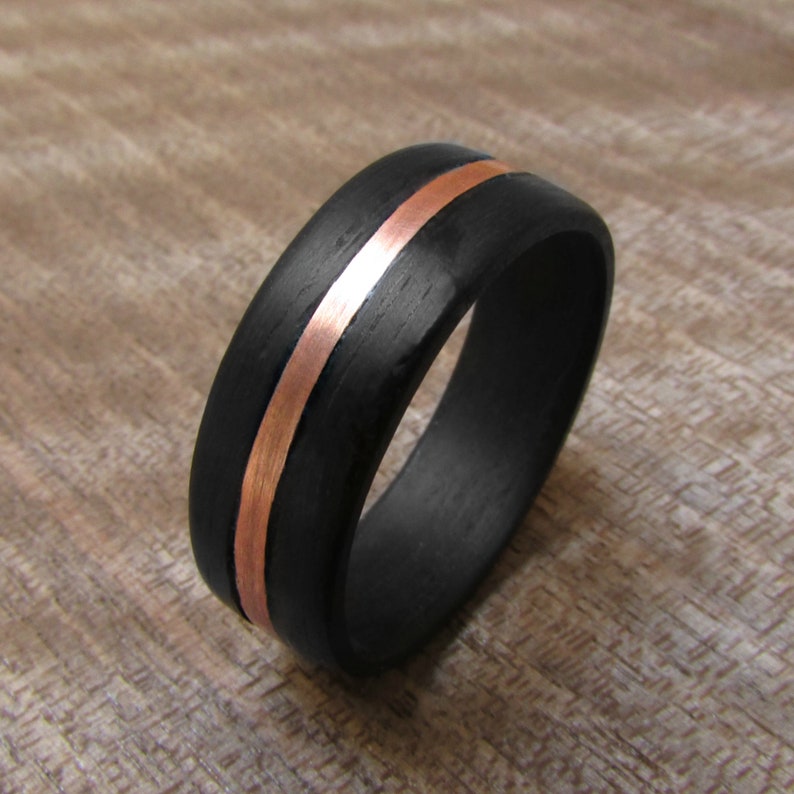 7 year anniversary gift for husband Hypoallergenic wooden jewelry for men Matte black wedding band for him Dark Eucalyptus and Copper