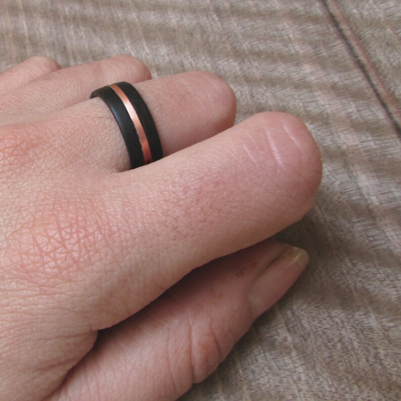 7 year anniversary gift for husband Hypoallergenic wooden jewelry for men Matte black wedding band for him Dark Eucalyptus and Copper