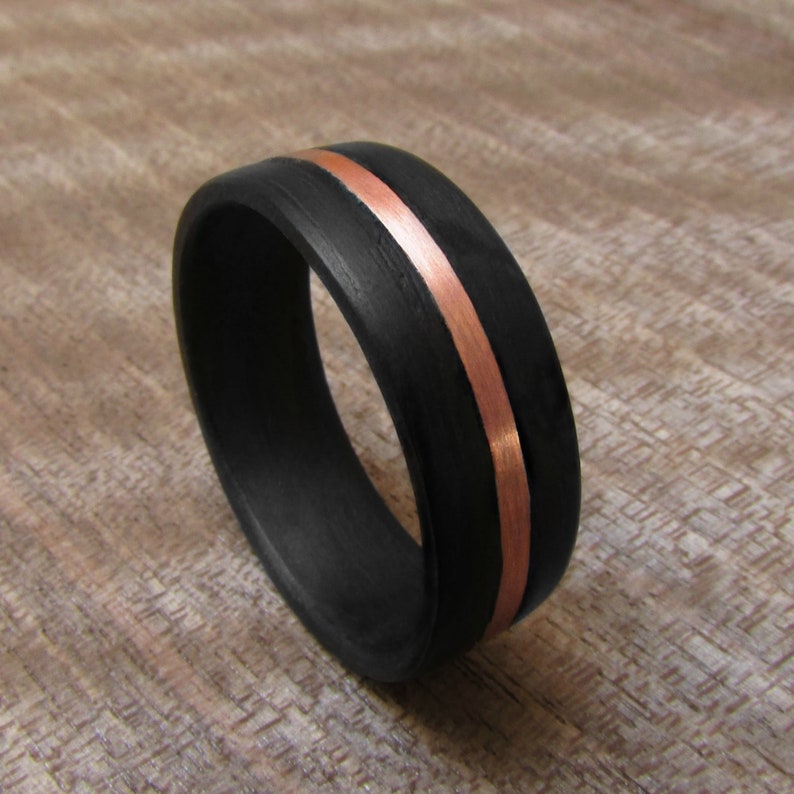 7 year anniversary gift for husband Hypoallergenic wooden jewelry for men Matte black wedding band for him Dark Eucalyptus and Copper