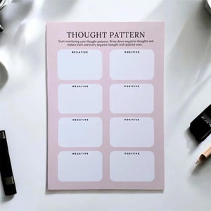 May include: A pink Thought Pattern notepad with a grid of boxes labeled "Negative" and "Positive". The notepad includes instructions to monitor thought patterns and replace negative thoughts with positive ones.