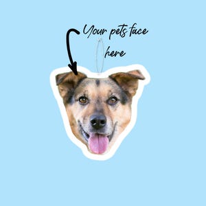 May include: A white cutout of a dog's face with brown and black fur. The dog is smiling with its tongue sticking out. The text "Your pet's face here" is written above the dog's face.