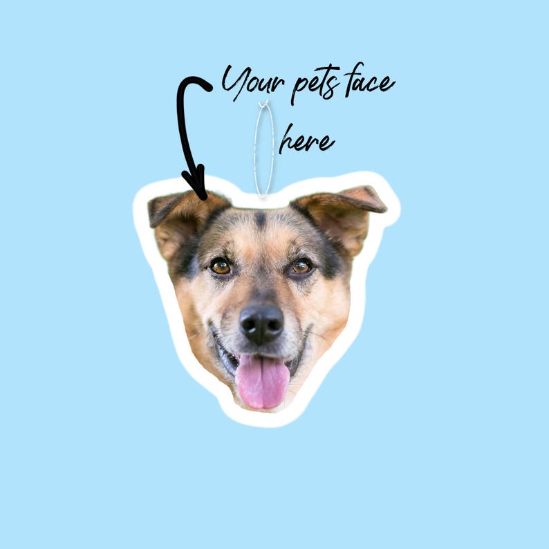May include: A white cutout of a dog's face with brown and black fur. The dog is smiling with its tongue sticking out. The text "Your pet's face here" is written above the dog's face.