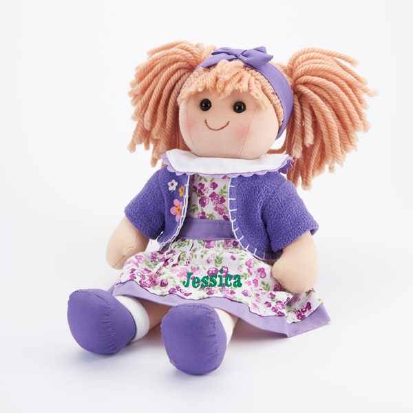 Personalised Rag Doll, Soft Touch Doll, Personalised Baby Girl Gift, Purple Rag Doll With Floral Dress And Cardigan For Toddler.