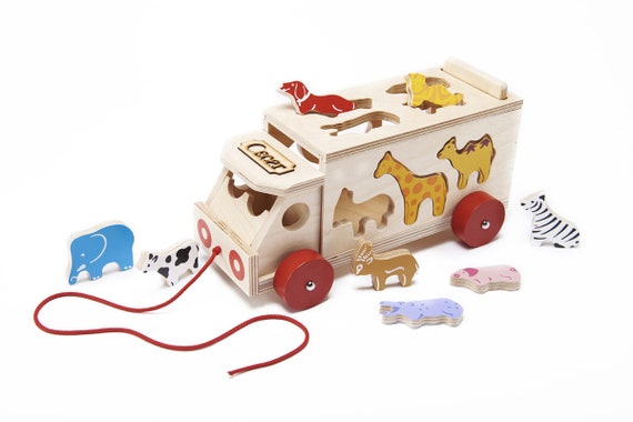 Personalised Wooden Animal Safari Lorry Pull Along Shape Sorter