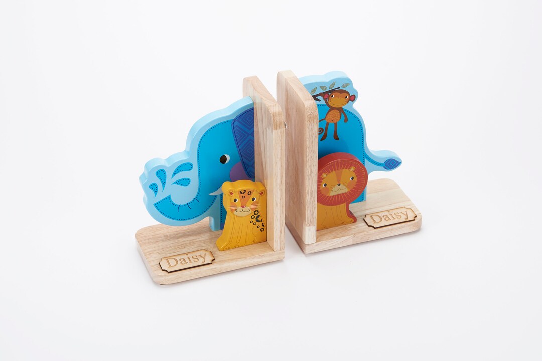Personalised Wooden Jungle Bookends, Nursery or Toy Room Elephant