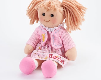 Personalised Rag Doll Harriet, My First Pink Soft Named Rag Doll UK, Embroidered Baby Girl Rag Doll Gift, Keepsake Rag Doll Toy, Cuddly Doll