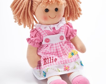 Personalised Rag Doll, My First Soft Baby Toy Doll, Girls Gingham Pink Embroidered Traditional  Doll Gift, Customised 1 Year Old Rag Doll