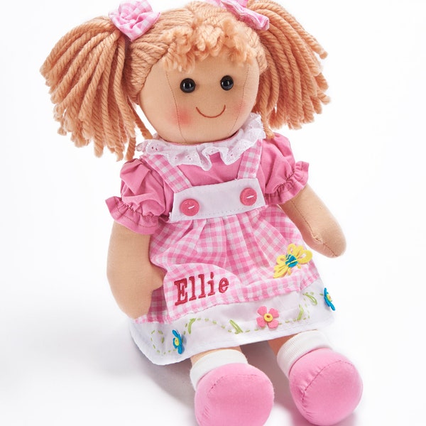 Personalised Rag Doll, My First Soft Baby Toy Doll, Girls Gingham Pink Embroidered Traditional  Doll Gift, Customised 1 Year Old Rag Doll