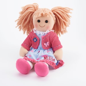 Personalised Rag Doll 'Millie', My First Soft Pink Flamingo Doll UK, Embroidered Baby Girls Gift Suitable from Birth,