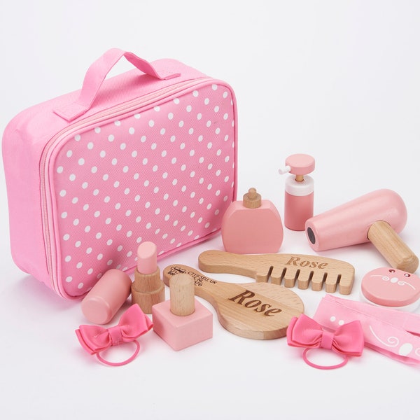 Personalised Wooden Pink Dotty Beauty Case, First Wooden Beauty and Hairdresser Pretend Play Set, Girls Travel Role Play Make Up Vanity Bag,