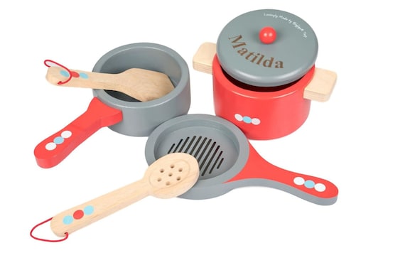 Personalised Wooden Cooking Pots and Pans Set, Toddler Kitchen Toy  Accessories, Wooden Traditional Toy, Wooden Pots and Pans for Children UK 