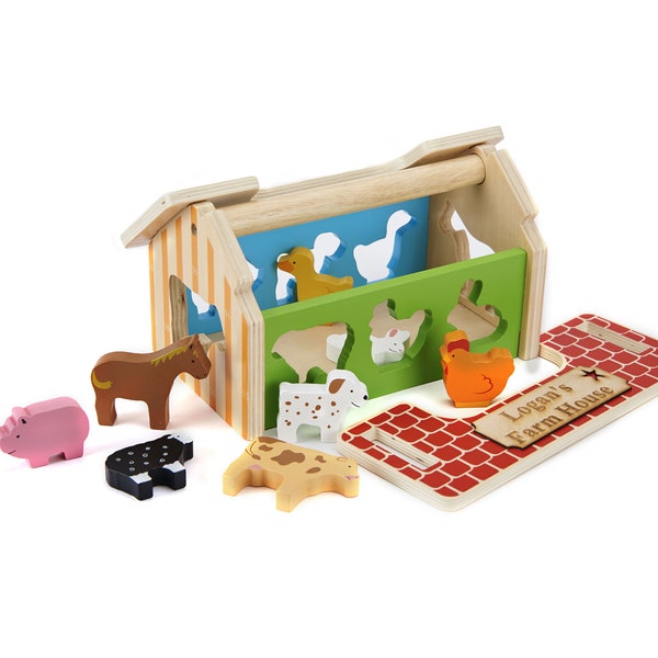 Personalised Wooden  Farmhouse, Montessori Baby Shape Sorter, One Year Old Toy, Carry Farm Gift Set. Chunky Farm Animal Puzzle.