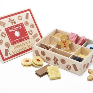 Personalised Wooden Toy Biscuit Box, Customised Traditional English Biscuits, Children's Pretend Play Food, Biscuit and Cookies UK Gift