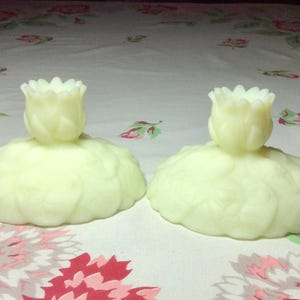 Pair of Fenton “Waterlily” Satin Vaseline Custard Glass Candlestick Holders