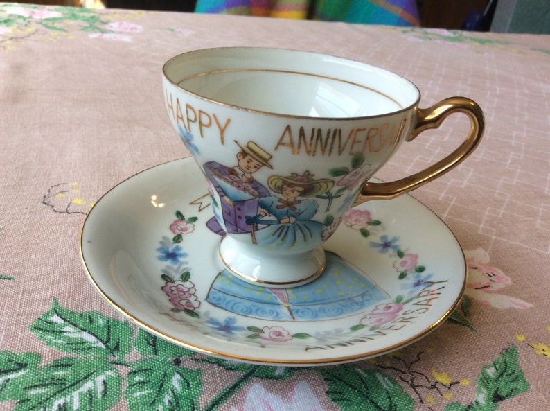 Norcrest Fine China hand painted \u201cHappy Anniversary\u201d cup and saucer set C-255 Made in Japan