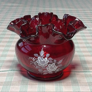 Fenton Hand Painted Ruby Glass Rose Bowl - Signed