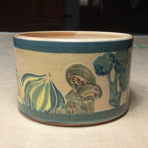 May include: A ceramic bowl with a light brown glaze and a blue rim. The bowl is decorated with hand-painted images of mushrooms, a green onion, and broccoli.