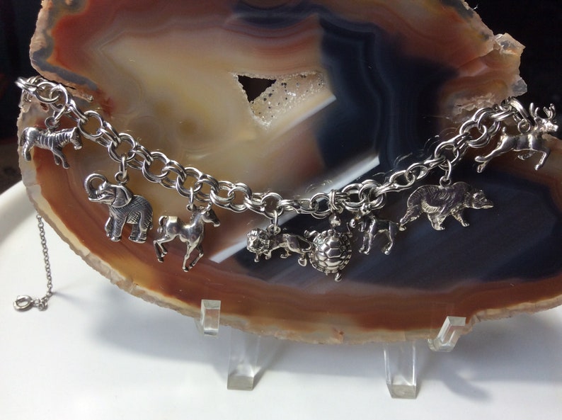 Wells Sterling silver double round cable link multi animal charm bracelet