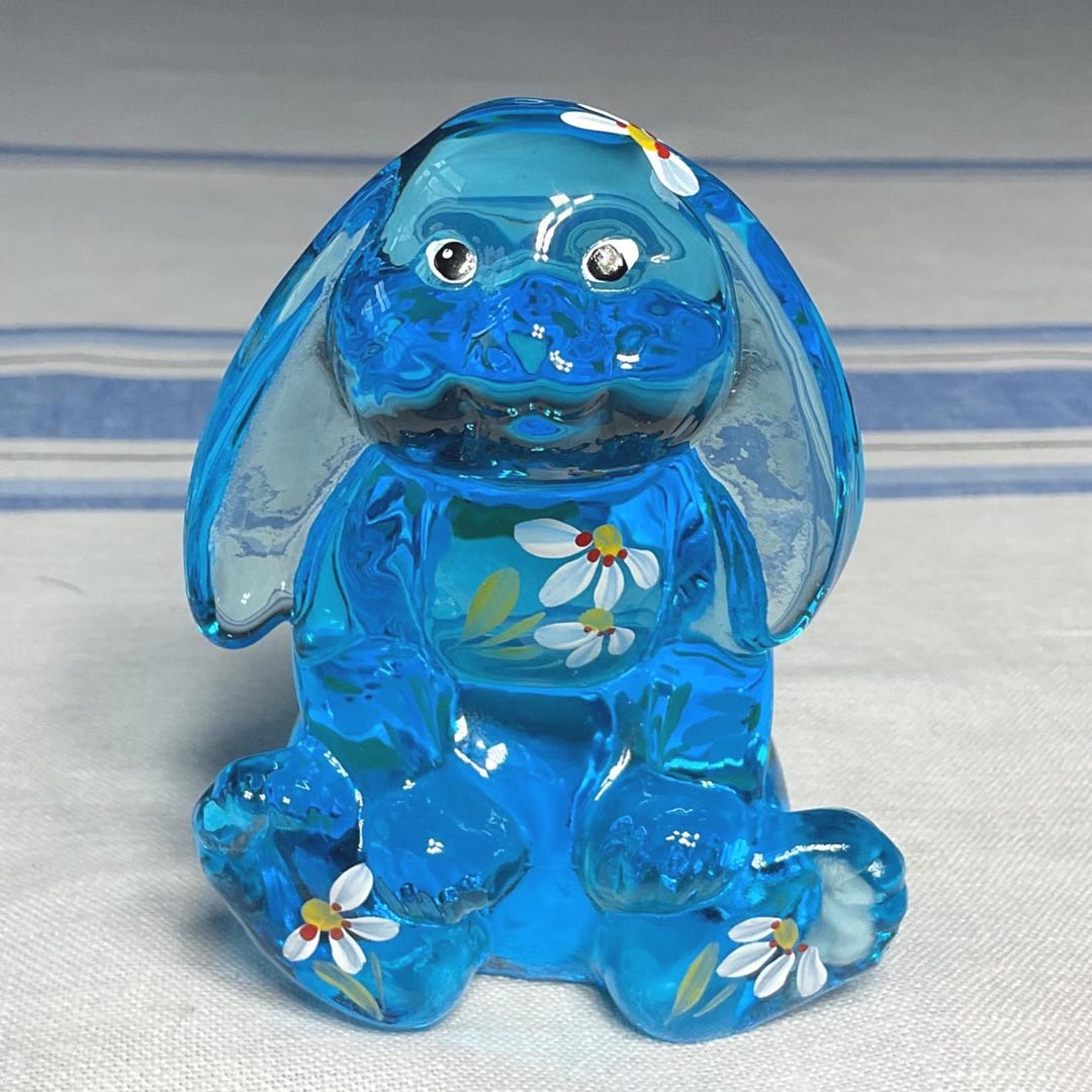 Fenton Hand Painted Celeste Blue Lop Eared Bunny Rabbit Figurine ...