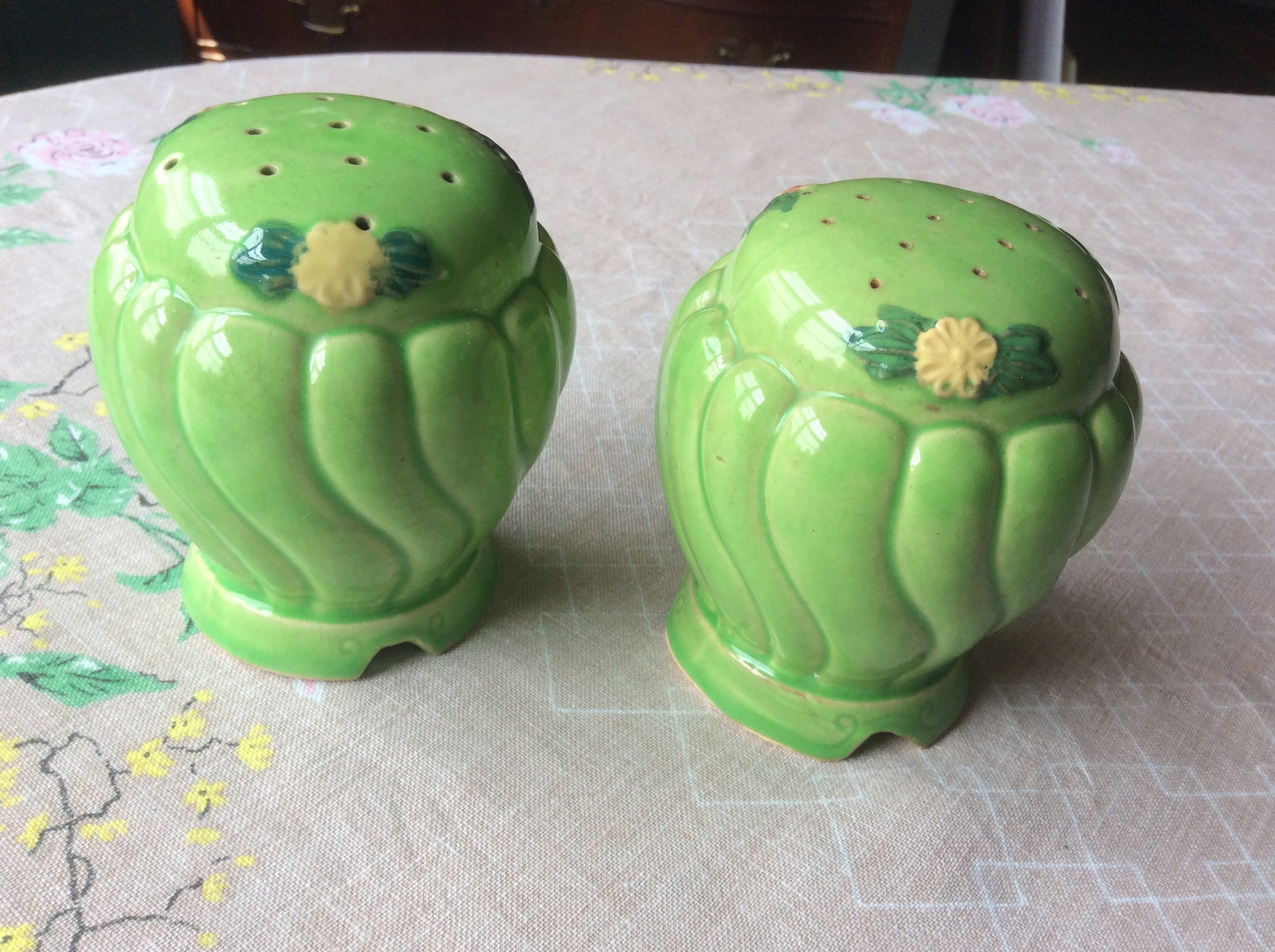 Pair of oversized green ceramic salt and pepper shakers with Etsy